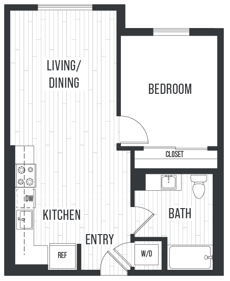 Floor plan for 1 bed, 1 bath, 718 sqft